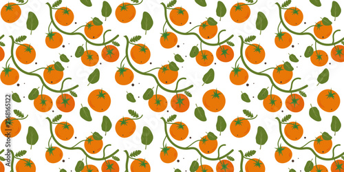 Tomato  and spinach seamless pattern. Vector background with cherry tomatoes and fresh spinach leaves