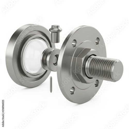 Close-up of mechanical flange coupling assembly isolated on white background