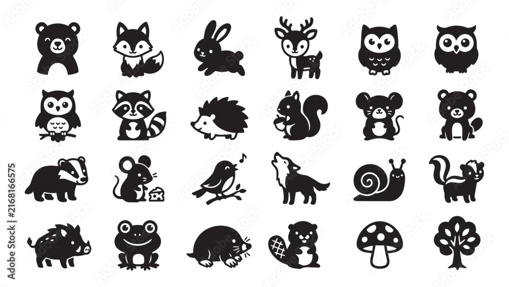 Obraz premium Set of Woodland Animal Icons and Forest Nature Elements in Black and White Vector Style