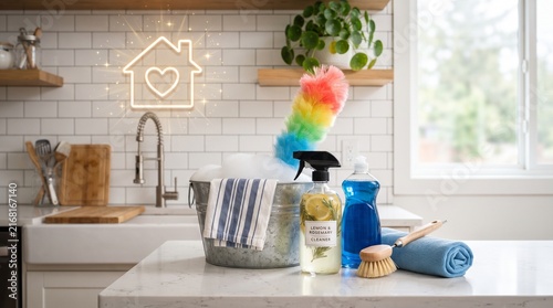 Kitchen Cleaning Supplies: A sparkling clean kitchen countertop featuring a collection of cleaning supplies including a bucket, duster, spray bottle, and dish soap.