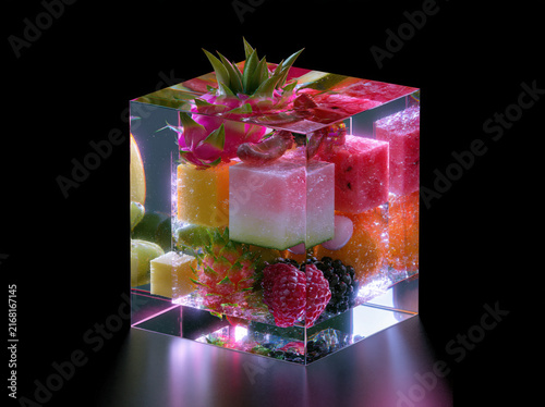 A transparent cube containing endless layers of exotic fruits visible through infinity mirror effect, impossible optical illusion dessert, ultra realistic 8K
