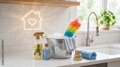Sparkling Clean Home: A collection of cleaning supplies, including a spray bottle, cleaning solutions, a bucket filled with suds, and a duster, are neatly arranged on a kitchen counter.