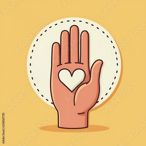Open palm hand holding heart icon on yellow round background