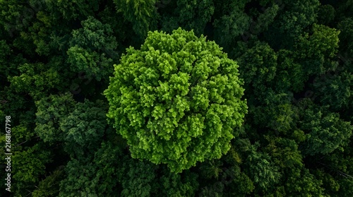 Aerial top view of a bright green tree in a dense dark forest