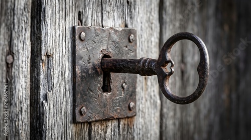 Antique skeleton key inserted into a weathered metal keyhole on an old wooden door representing secrets, historical security, and the heart of the solution concept.