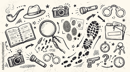 Fotografía Hand Drawn Detective Investigation Icons and Crime Scene Doodles