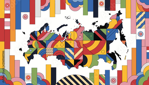 Abstract Russia Map with Geometric Patterns and Colorful Borders - Modern Design