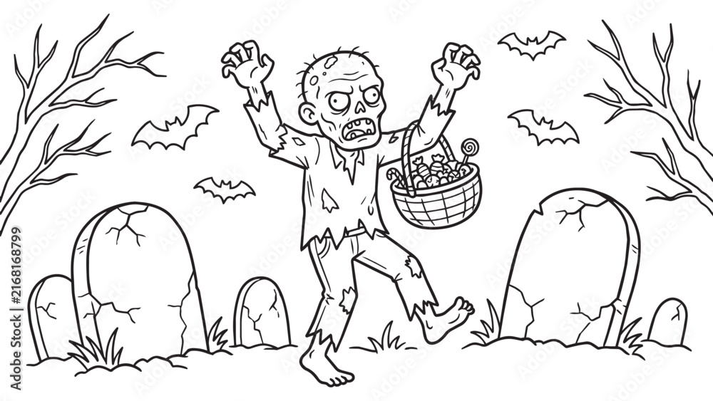 Fototapeta premium Zombie Trick or Treat Coloring Page with Candy Basket and Gravestones