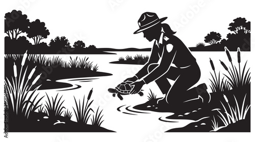 Quadro su tela Park ranger releasing a turtle into the water black silhouette