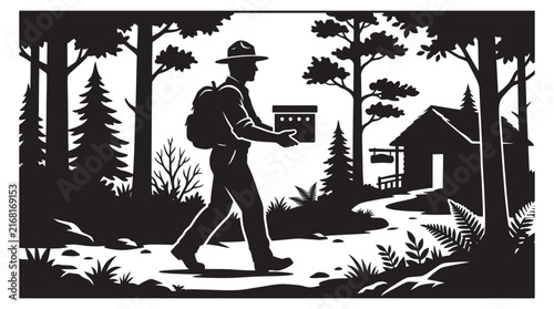 Foto Hiker with backpack walking through forest black and white silhouette