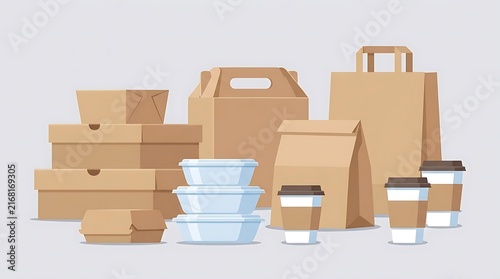 Kraft paper food packaging boxes and coffee cups.