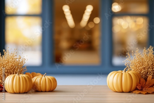 Elegant Halloween window display with pumpkins, dried branches, autumn leaves and warm interior lighting, tasteful seasonal decoration, realistic storefront photography