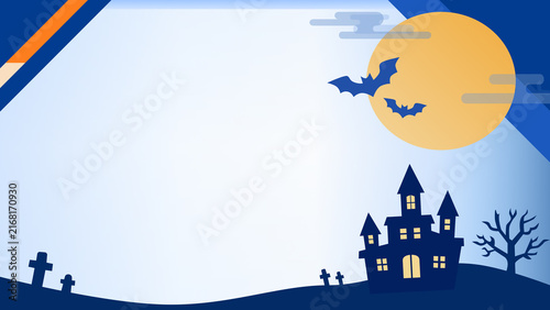 Minimal Halloween Frame with Full Moon, Bats and Navy Blue Night Landscape, Vector Background