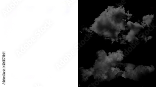 Realistic white clouds isolated on black background, fluffy smoke textures for compositing, atmospheric vapor elements for design