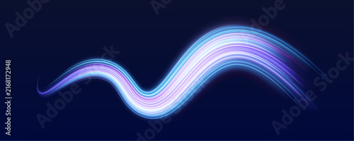 Neon racing lights stretch across a dark track. Purple and blue trails emphasize speed. Vector artwork creates an energetic futuristic atmosphere.