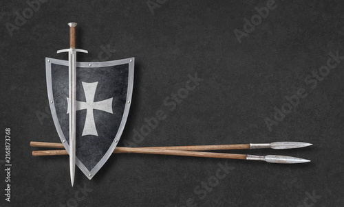 sword black shield and two spears on grunge background