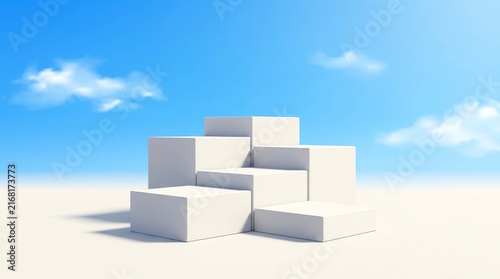White 3D cubes box podium background with blue sky scene in summer style. Minimalist studio mockup pedestal. Abstract stand product display presentation, Stage for showcase. Vector platform design