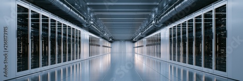 Cloud data center cooling investment, massive server hall, precision cooling ducts, technology infrastructure, clean composition