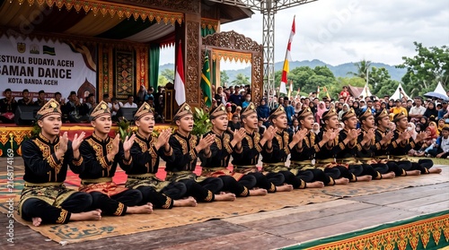 Traditional Indonesian Saman Dance performed by a group of male dancers in cultural costumes in Aceh