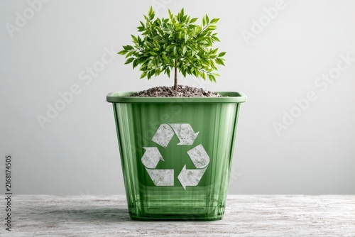 A small tree grows in a green recycling bin, symbolizing environmental sustainability and ecological renewal.