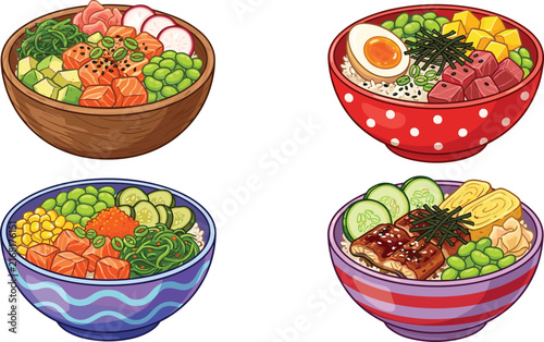 Cartoon Hawaiian Poke Bowl Vector CollectionCartoon Hawaiian Poke Bowl Vector Collection