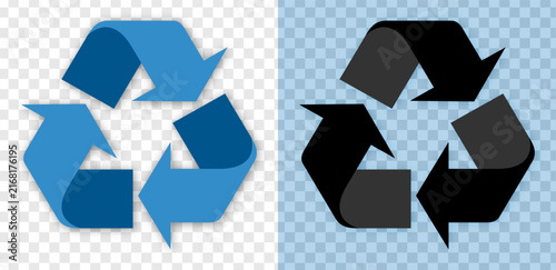 Blue and black recycling arrows with folded geometric shapes form  symbols. Two modern recycle icons are isolated on transparent background for sustainability and environmental designs.