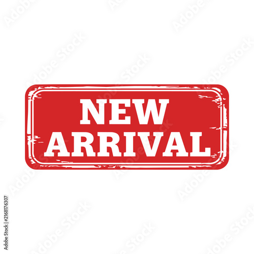 Vintage new arrival rustic sign with distressed red background isolated on transparent background, Vector, illustration