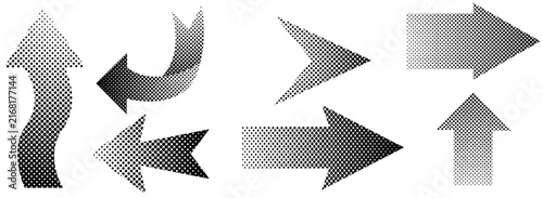 Grey gradient arrow icon vector set displays curved, wavy, and directional pointers with halftone dot patterns. Monochrome sign collection is isolated on a white background.