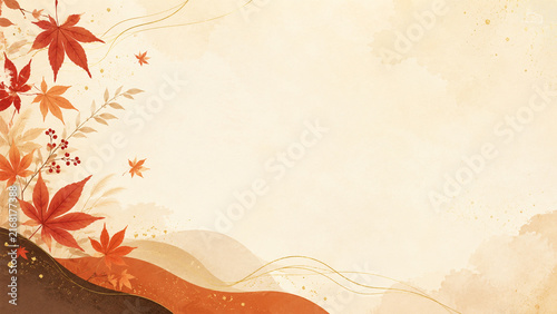 Elegant Japanese Autumn Background with Red Maple Leaves, Gold Lines and Copy Space