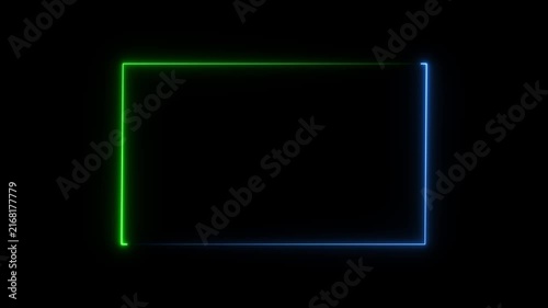 Vibrant glowing neon blue and green light border animation a rectangle shape on a deep dark black background, modern digital projects, and creative overlays