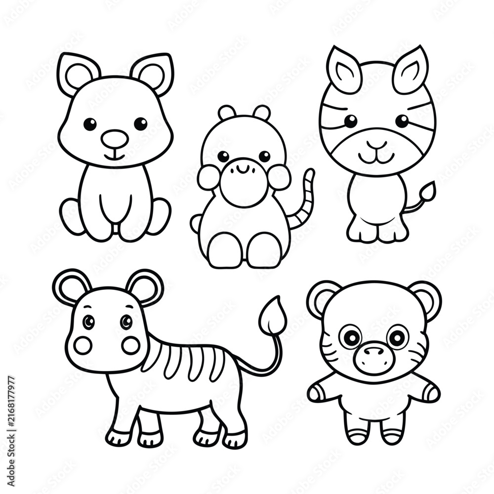 Fototapeta premium Cute cartoon animal characters set including a lion, zebra, monkey, tiger, and bear in simple black line style