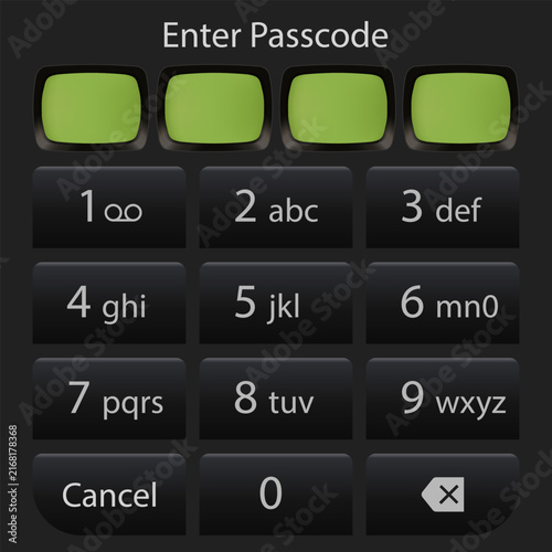 Dark UI passcode interface with numeric keypad and four green password entry boxes. Enter Passcode screen vector illustration.