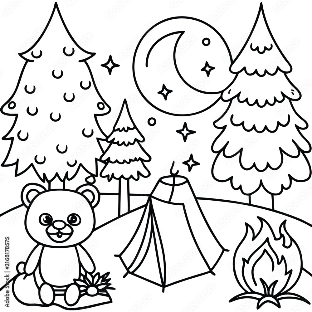 Fototapeta premium Night camping scene coloring page with a cute teddy bear sitting by a campfire under a crescent moon and stars