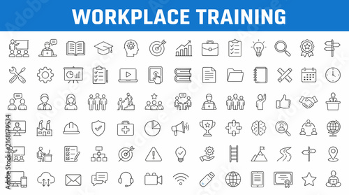 comprehensive workplace training icons set collection.