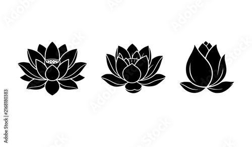 Black lotus flower silhouette collection featuring open bloom half bloom and lotus bud minimalist botanical vector illustrations