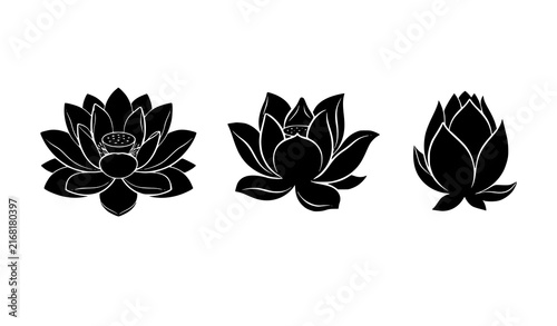 Three elegant lotus flower silhouettes in black vector style for botanical branding wellness logos and decorative floral design