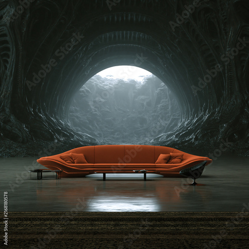 surreal futuristic living room with glowing orange hightech sofa, futuristic interior with biomechanical wall relief, cyberpunk living room with illuminated orange sofa