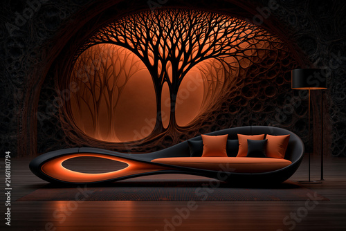 surreal futuristic living room with glowing orange hightech sofa, futuristic interior with biomechanical wall relief, cyberpunk living room with illuminated orange sofa