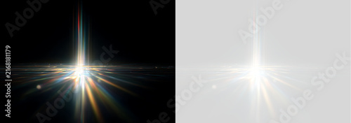 Central vertical light beam with prismatic floor reflection. Optical lens flare with spectral dispersion isolated on transparent background
