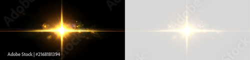 Golden optical lens flare with cross starburst and bokeh particles. Cinematic bright light effect overlay on transparent background