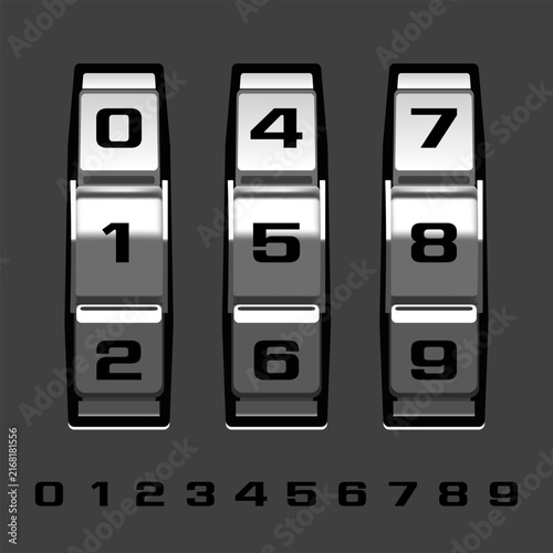 Metallic three-digit combination lock wheels with numbers. Vector security code mechanism illustration isolated on background.