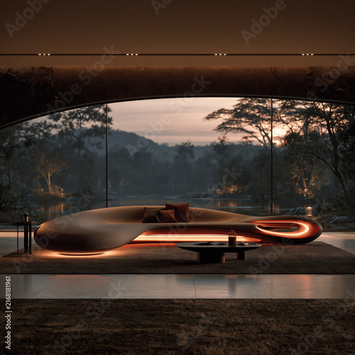 surreal futuristic living room with glowing orange hightech sofa, futuristic interior with biomechanical wall relief, cyberpunk living room with illuminated orange sofa