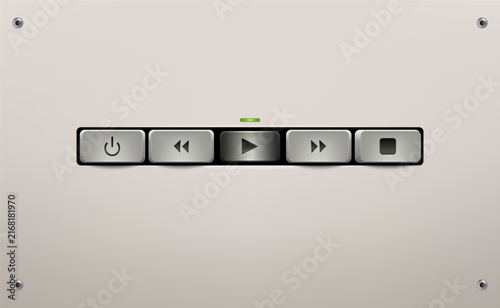 Metallic media player control panel with power, rewind, play, fast forward, and stop buttons. Vector UI illustration.