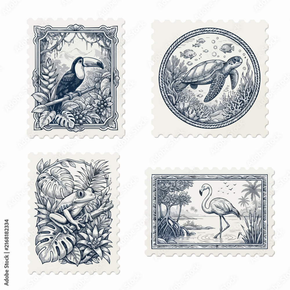 Naklejka premium Tropical Wildlife and Nature Stamp Illustrations Collection