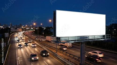 A large blank white billboard mockup located beside a busy highway with city traffic lights during the evening time
