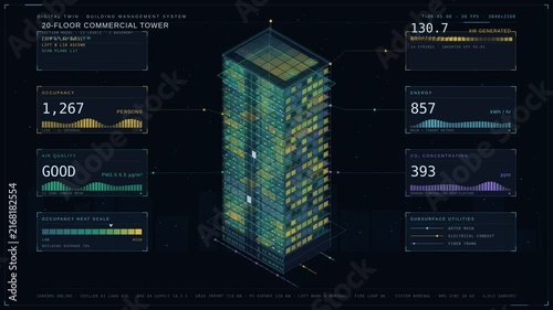 Explore a stunning architectural cutaway of a 20-story digital twin smart building, showcasing live occupancy heatmaps, elevator movements, and HVAC airflow in vibrant colors.