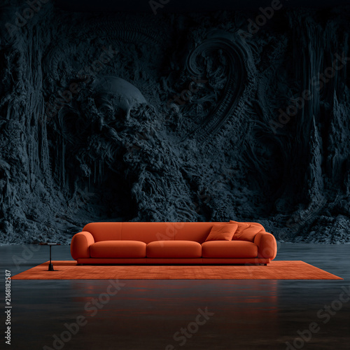 surreal futuristic living room with glowing orange hightech sofa, futuristic interior with biomechanical wall relief, cyberpunk living room with illuminated orange sofa