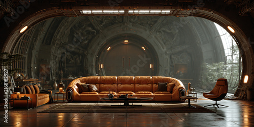 surreal futuristic living room with glowing orange hightech sofa, futuristic interior with biomechanical wall relief, cyberpunk living room with illuminated orange sofa