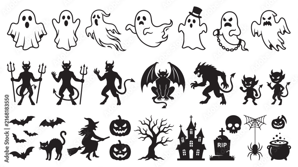 Obraz premium Halloween vector icon set featuring ghosts demons pumpkins and spooky elements for holiday design