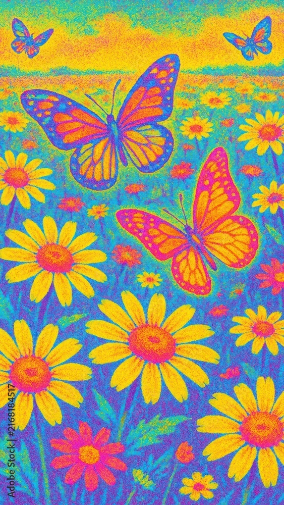 Fototapeta premium Vibrant butterflies over colorful daisies mobile wallpaper